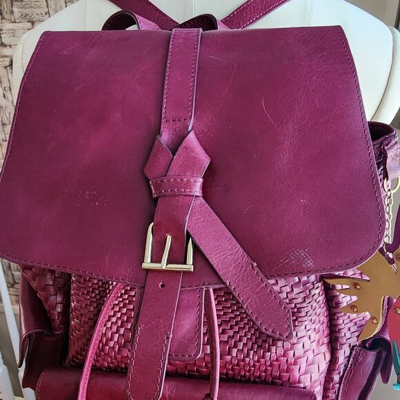 Woven Leather Backpack in Burgundy - Picture 9 of 15
